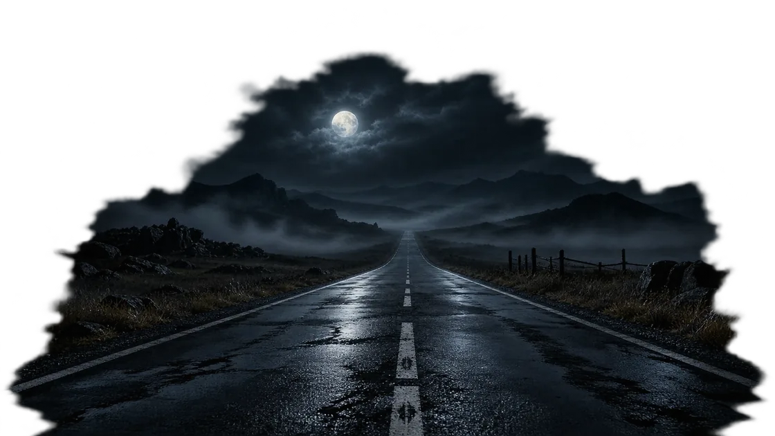 A dark road running away under a full moon, through mist and hills, toward the horizon.